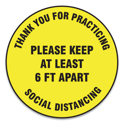 Accuform MFS426ESP Slip-Gard Floor Signs, 12" Circle,"Thank You For Practicing Social Distancing Please Keep At Least 6 ft Apart", Yellow, 25/PK (GN1MFS426ESP)