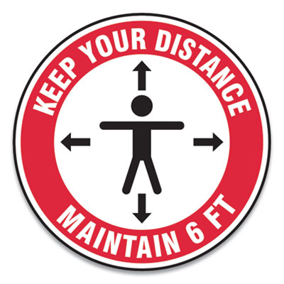 Accuform MFS347ESP Slip-Gard Social Distance Floor Signs, 17" Circle, "Keep Your Distance Maintain 6 ft", Human/Arrows, Red/White, 25/Pack (GN1MFS347ESP)