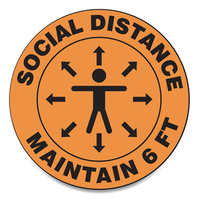 Accuform MFS380ESP Slip-Gard Social Distance Floor Signs, 12" Circle, "Social Distance Maintain 6 ft", Human/Arrows, Orange, 25/Pack (GN1MFS380ESP)