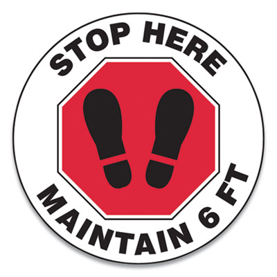 Accuform MFS390ESP Slip-Gard Social Distance Floor Signs, 17" Circle, "Stop Here Maintain 6 ft", Footprint, Red/White, 25/Pack (GN1MFS390ESP)