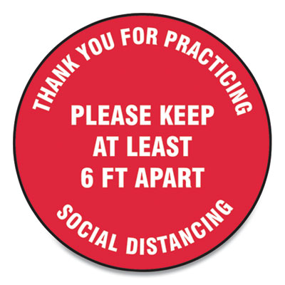 Accuform MFS423ESP Slip-Gard Floor Signs, 17" Circle, "Thank You For Practicing Social Distancing Please Keep At Least 6 ft Apart", Red, 25/Pack (GN1MFS423ESP)