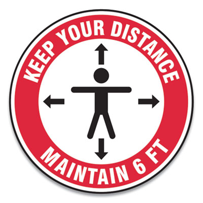 Accuform MFS345ESP Slip-Gard Social Distance Floor Signs, 12" Circle, "Keep Your Distance Maintain 6 ft", Human/Arrows, Red/White, 25/Pack (GN1MFS345ESP)