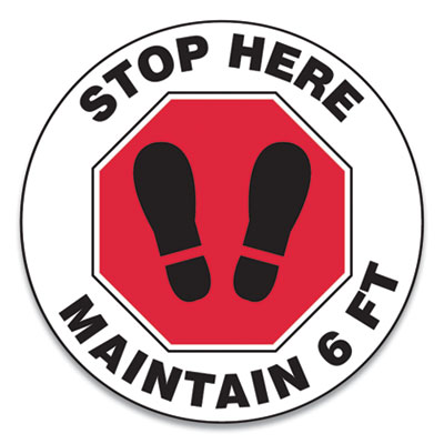 Accuform MFS388ESP Slip-Gard Social Distance Floor Signs, 12" Circle, "Stop Here Maintain 6 ft", Footprint, Red/White, 25/Pack (GN1MFS388ESP)