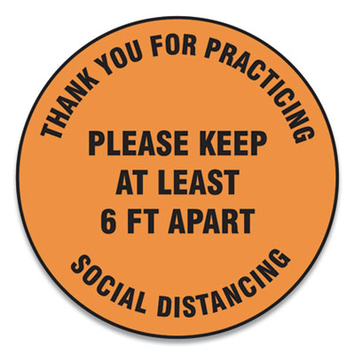 Accuform MFS429ESP Slip-Gard Floor Signs, 17" Circle,"Thank You For Practicing Social Distancing Please Keep At Least 6 ft Apart", Orange, 25/PK (GN1MFS429ESP)