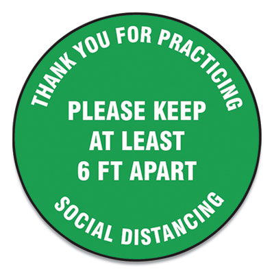 Accuform MFS425ESP Slip-Gard Floor Signs, 17" Circle, "Thank You For Practicing Social Distancing Please Keep At Least 6 ft Apart", Green, 25/PK (GN1MFS425ESP)