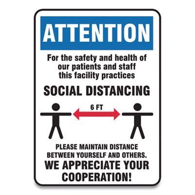 Accuform MGNG903VPESP Social Distance Signs, Wall, 7 x 10, Patients and Staff Social Distancing, Humans/Arrows, Blue/White, 10/Pack (GN1MGNG903VPESP)