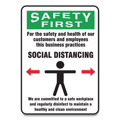 Accuform MGNG909VPESP Social Distance Signs, Wall, 7 x 10, Customers and Employees Distancing Clean Environment, Humans/Arrows, Green/White, 10/PK (GN1MGNG909VPESP)