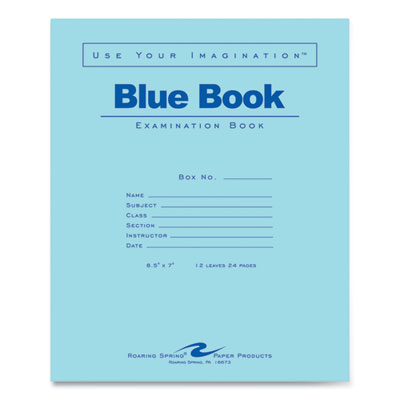 Roaring Spring® Examination Blue Book, Wide/Legal Rule, Blue Cover, (12) 8.5 x 7 Sheets