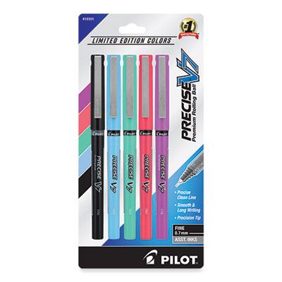 Pilot® Precise V7 Rollerball Pen, Stick, Fine 0.7 mm, Assorted Ink and Barrel Colors, 5/Pack