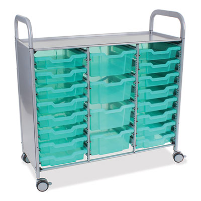 Gratnells Callero Plus Treble Column Trolley with Antimicrobial Protection Callero Plus 3-Column Trolley Set 17, Antimicrobial, Metal, 16 F1 Bins, 4 F2 Bins, 40.6" x 17.3" x 41.5", Silver/Trans Kiwi