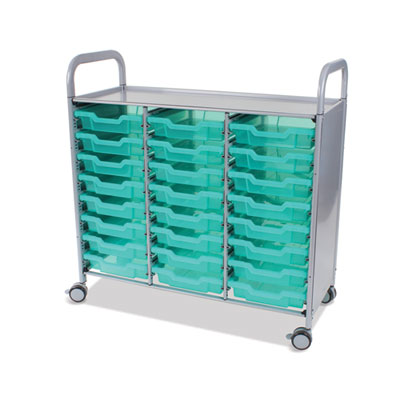 Gratnells Callero Plus Shield Treble Trolley with Antimicrobial Protection Callero Plus Shield Treble Trolley Set 03, Antimicrobial, Metal, 24 F1 Shallow Bins, 40.6" x 17.3" x 41.5", Silver/Trans Kiwi