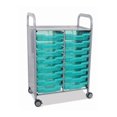 Gratnells Callero Plus Shield Double Trolley with Antimicrobial Protection Callero Plus Shield Double Trolley Set 05, Antimicrobial, Metal, 16 F1 Shallow Bins, 27.4" x 17.3" x 41.5", Silver/Trans Kiwi
