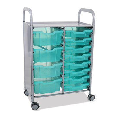 Gratnells Callero Plus Shield Double Trolley with Antimicrobial Protection Callero Plus Shield Double Trolley Set 18, Antimicrobial, Metal, 8 F1 Bins, 4 F2 Bins, 27.4 x 17.3 x 41.5, Silver/Trans Kiwi
