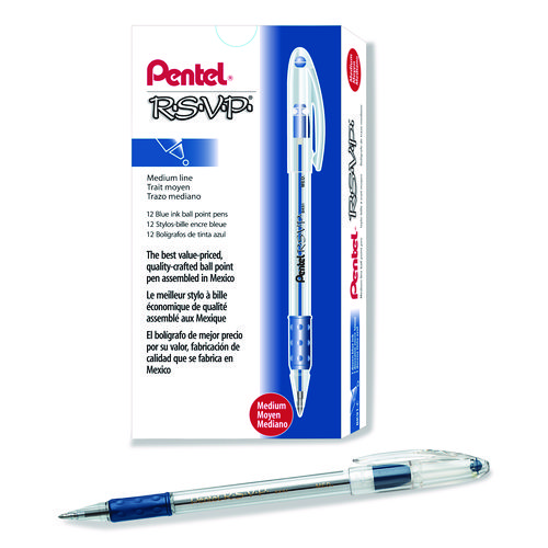 R.S.V.P.+Ballpoint+Pen%2C+Stick%2C+Medium+1+mm%2C+Blue+Ink%2C+Clear%2FBlue+Barrel%2C+Dozen