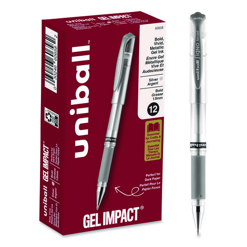 IMPACT+Gel+Pen%2C+Stick%2C+Medium+1+mm%2C+Silver+Metallic+Ink%2C+Silver+Barrel