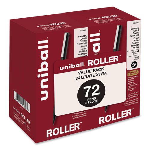 Rollerball+Pen%2C+Stick%2C+Micro+0.5+mm%2C+Black+Ink%2C+Black+Barrel%2C+72%2FPack
