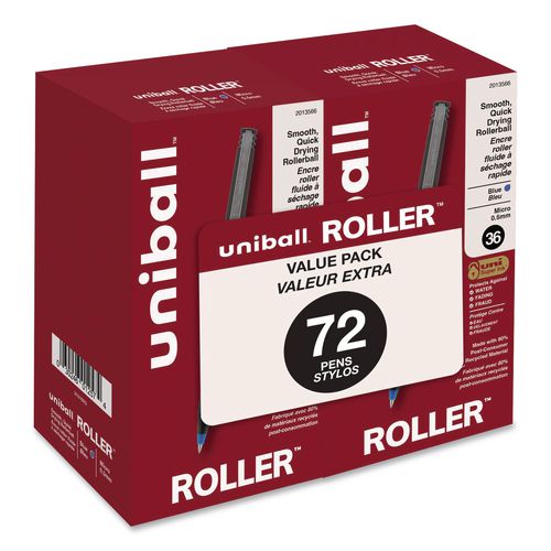 Rollerball+Pen%2C+Stick%2C+Micro+0.5+mm%2C+Blue+Ink%2C+Black%2FBlue+Barrel%2C+72%2FPack