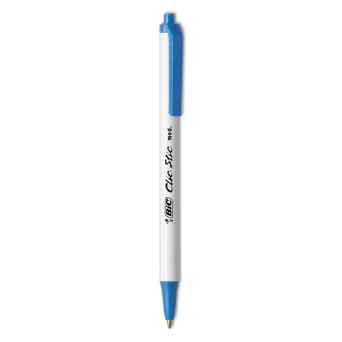 Clic圆珠笔，可伸缩，中1毫米，蓝色墨水，白色桶，一打