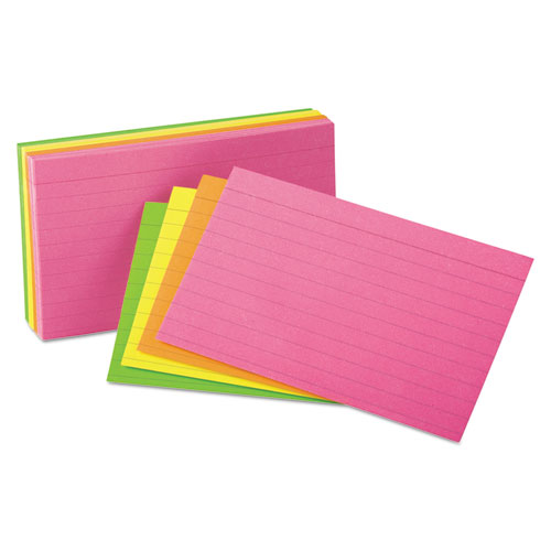 规则索引卡，3 x 5，发光绿色/黄色，橙色/粉红色，100/包