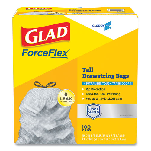 ForceFlex高厨房拉绳垃圾袋，13加仑，0.72 mil, 23.75" x 24.88英寸，灰色，100/盒
