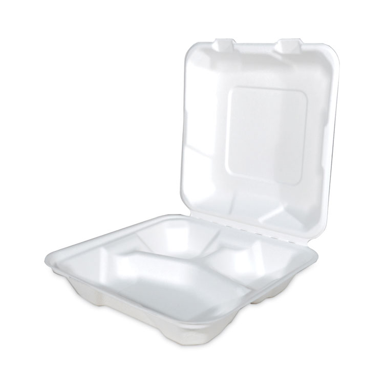 ChampWare Molded-Fiber Clamshell Containers, 8 x 8, White, Sugarcane, 200/Carton