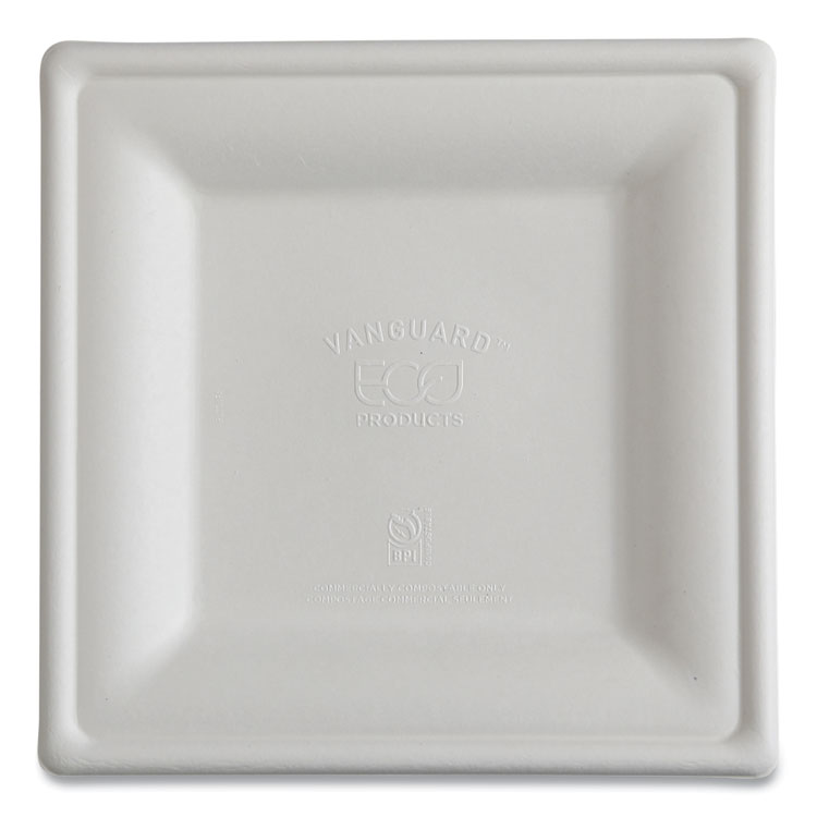 Vanguard Renewable and Compostable Sugarcane Plates, 10 x 10, White, 250/Carton