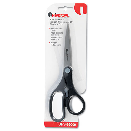 Economy Scissors, 8" Length, Straight Handle, Stainless Steel, Black