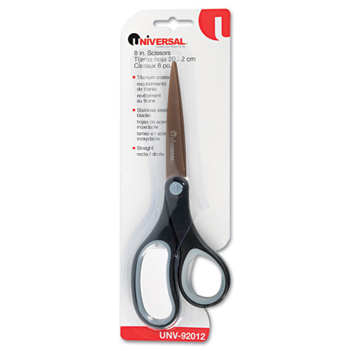 Office Scissors, 8" L, Straight, Titanium Coated Blades, Pointed Tip, Black/Blue