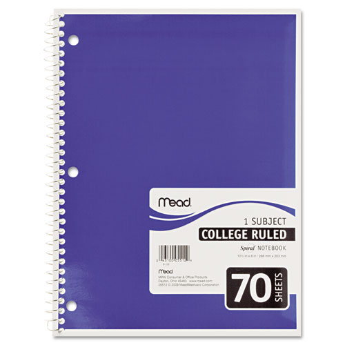Spiral Bound Notebook, College Rule, 8 x 10-1/2, White, 1  Subject 70 Sheets/Pad