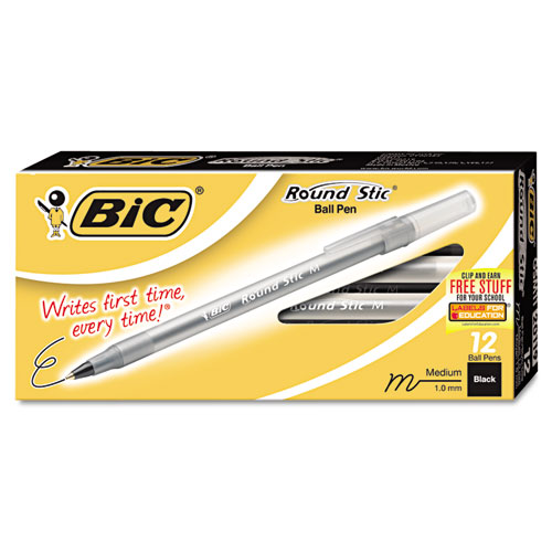 Round Stic Ballpoint Stick Pen, Black Ink, Medium, Dozen