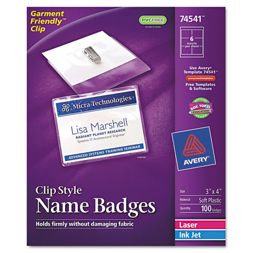 Badge Holders w/Laser/Inkjet Inserts, Top Loading, 3 x 4, White, 100/Box