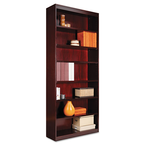 Square Corner Bookcase, Wood Veneer, 7-Shelf, 35-3/8w x 11-3/4d x 84h, Mahogany