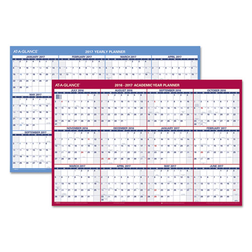 Horizontal erasable wall planner, 36 x 24, blue/white - 2015-2016, red - 2016, sold as 1 each
