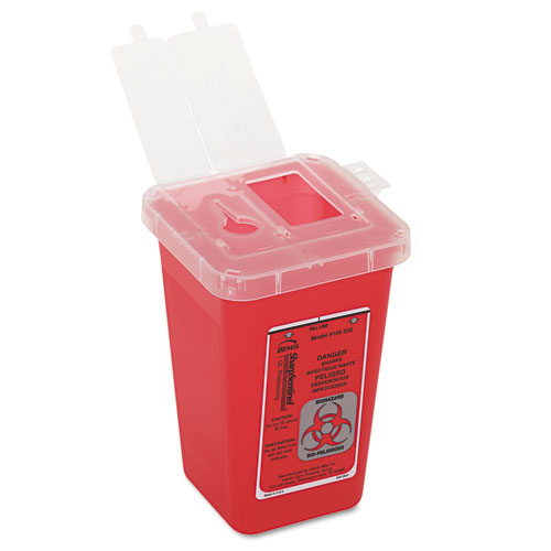 Sharps Waste Receptacle, Square, Plastic, 1 qt, Red