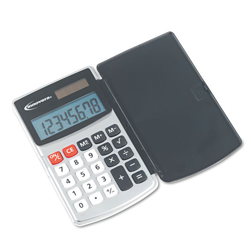 Handheld Calculator, Hard Flip Case, 8-Digit LCD, Dual Power, Silver