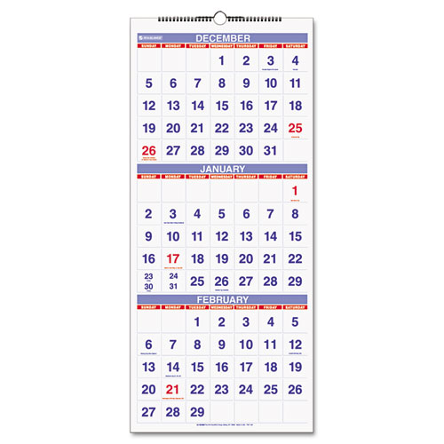 Recycled Three-Month Reference Wall Calendar, 12" x 27", 2011-2013