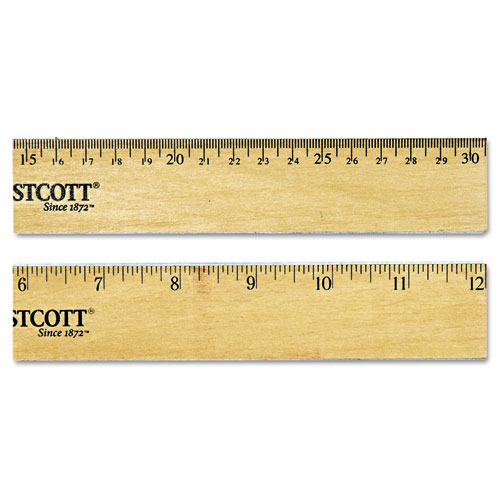 Flat Wood Ruler w/Two Double Brass Edges, 12", Clear Lacquer Finish