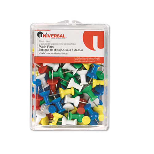 Colored Push Pins, Plastic, Rainbow, 3/8", 100/Pack