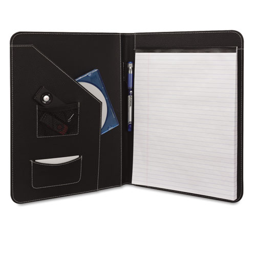 Leather-Look Pad Folio, Inside Flap Pocket w/Card Holder, Black
