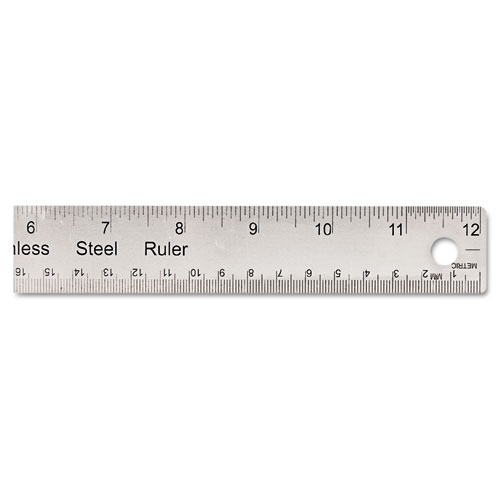Stainless Steel Ruler w/Cork Back and Hanging Hole, 12", Silver