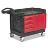 TradeMaster Cart with One Door, Plastic, 3 Shelves, 4 Drawers, 750 lb Capacity, 26.25" x 49" x 38", Black