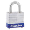 <strong>Master Lock®</strong><br />Four-Pin Tumbler Lock, Laminated Steel Body, 1.12" Wide, Silver/Blue, 2 Keys