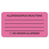 ALLERGY WARNING LABELS, ALLERGIES/DRUG REACTIONS NO KNOWN ALLERGIES, 1.75 X 3.25, PINK, 250/ROLL
