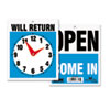 Double-Sided Open/Will Return Sign with Clock Hands, Plastic, 7.5 x 9