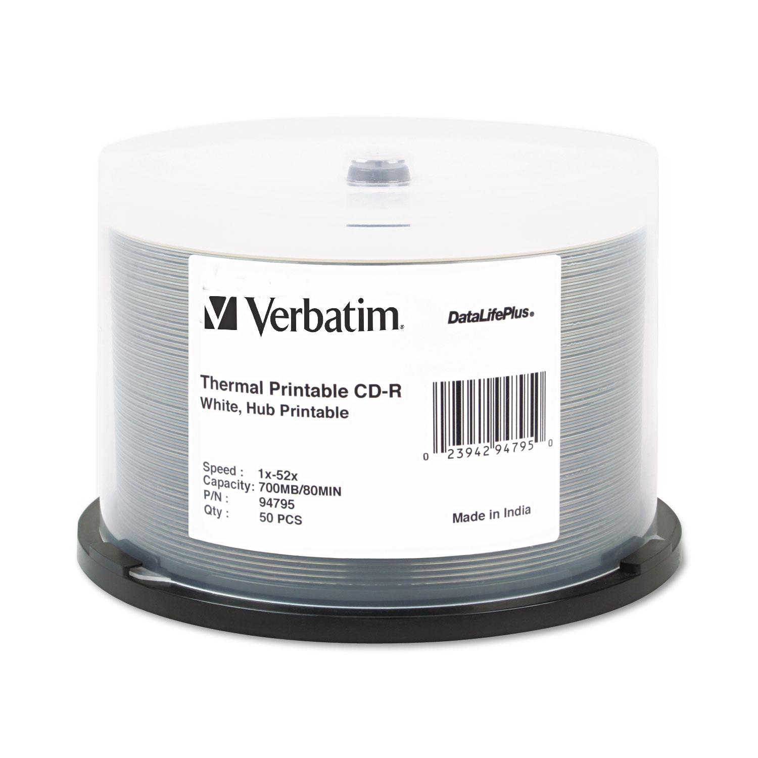  Verbatim 94755 CD-R Discs, 700MB/80min, 52x, Spindle, White, 50/Pack (VER94755) 