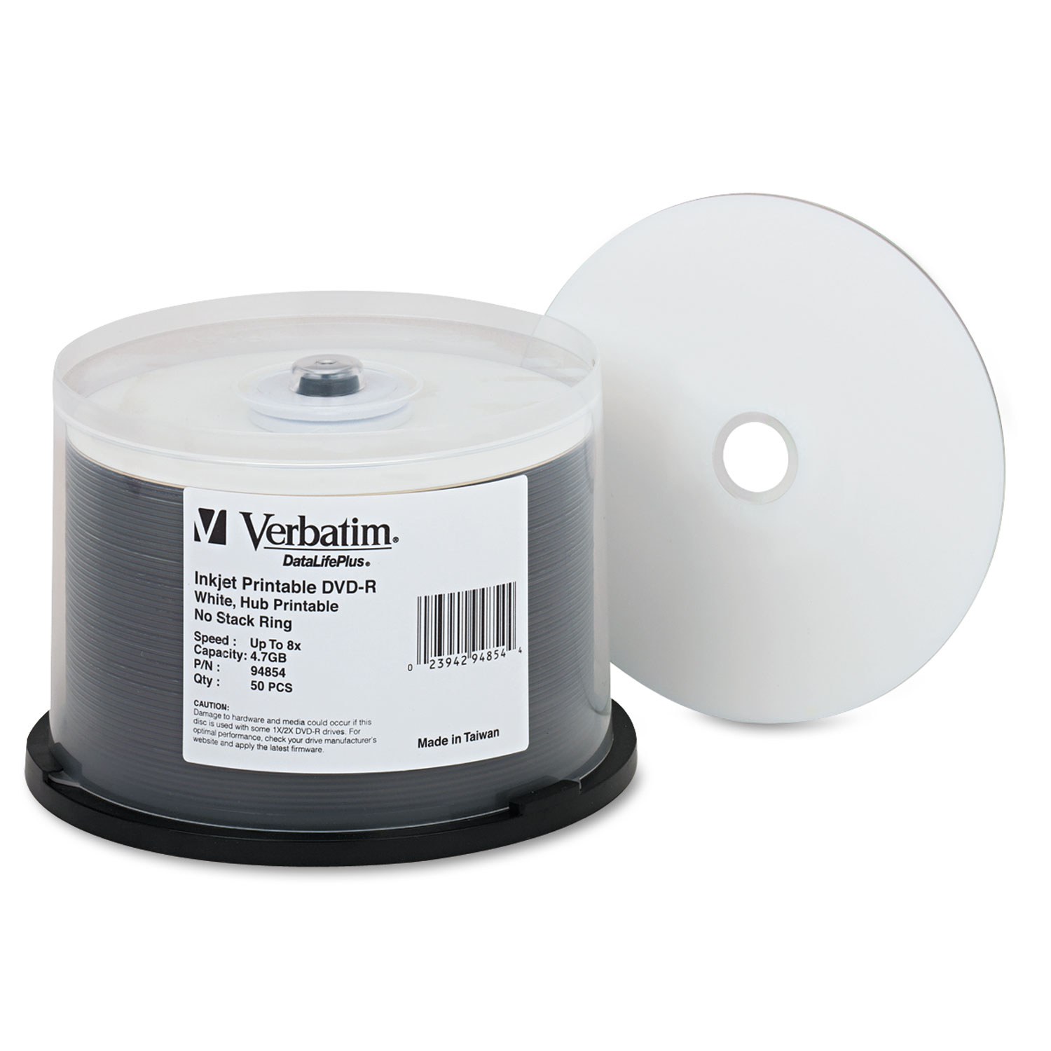  Verbatim 94854 DVD-R 4.7GB 8X DataLifePlus White Inkjet Printable/Hub Printable, 50/PK Spindle (VER94854) 