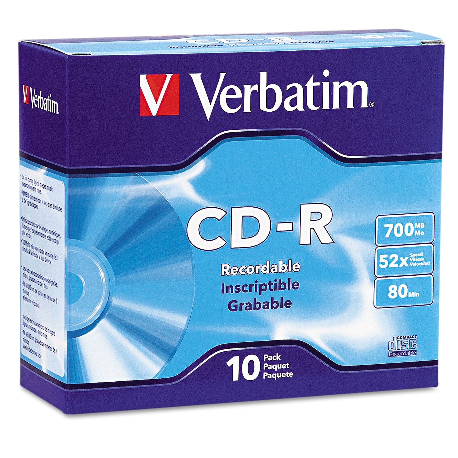  Verbatim 94935 CD-R Discs, 700MB/80min, 52x, w/Slim Jewel Cases, Silver, 10/Pack (VER94935) 