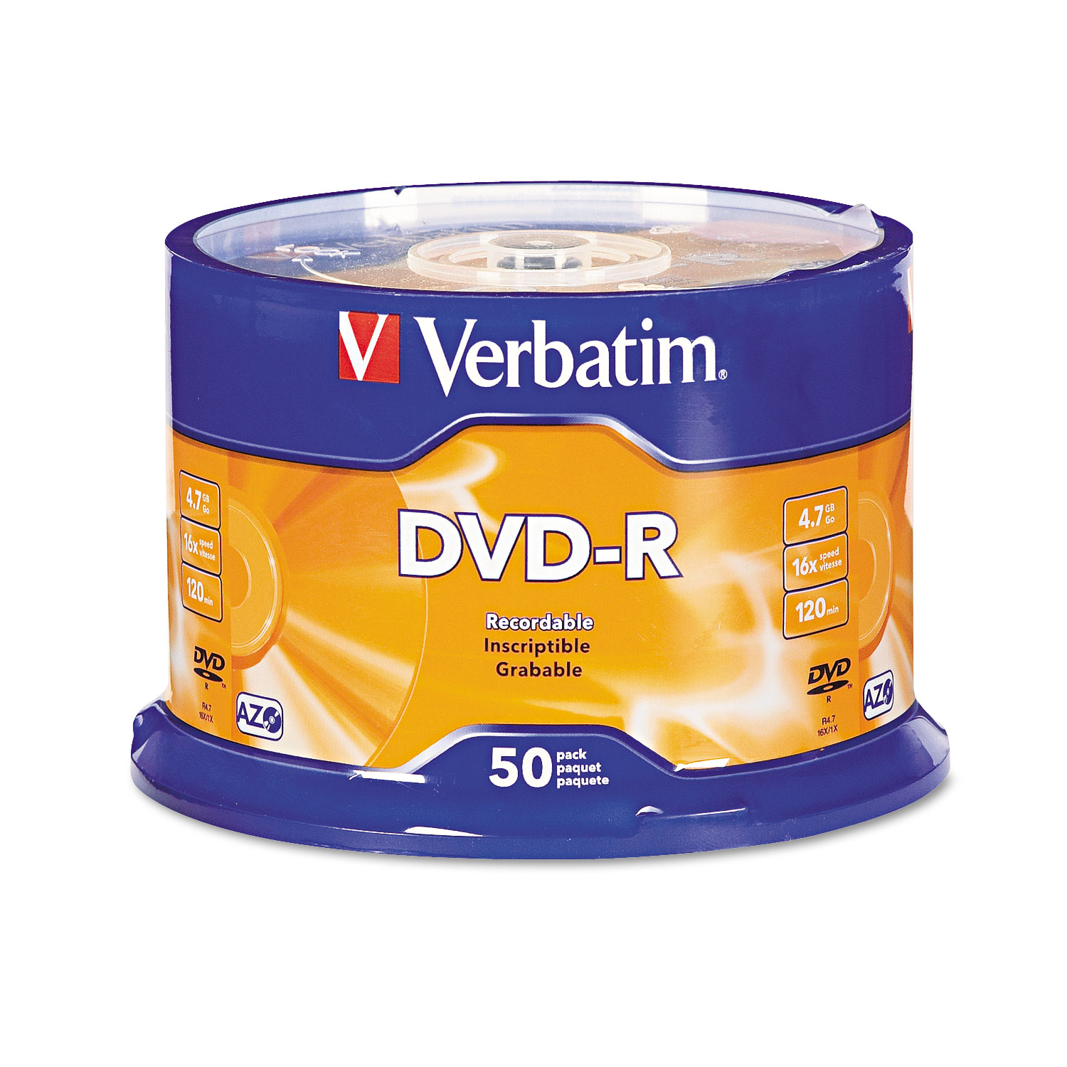  Verbatim 95101 DVD-R Discs, 4.7GB, 16x, Spindle, Silver, 50/Pack (VER95101) 