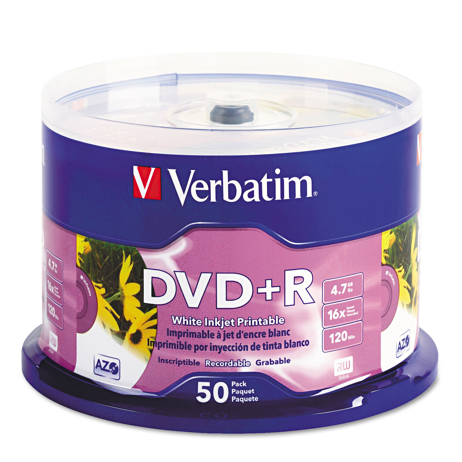  Verbatim 95136 Inkjet Printable DVD+R Discs, White, 50/Pack (VER95136) 
