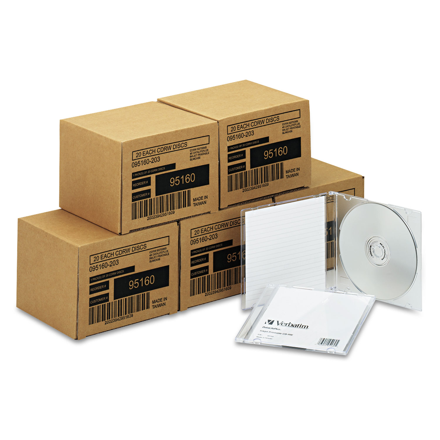  Verbatim 95160 CD-RW Discs, 700MB/80min, 4x, w/Slim Jewel Cases, Silver, 100/Carton (VER95160) 